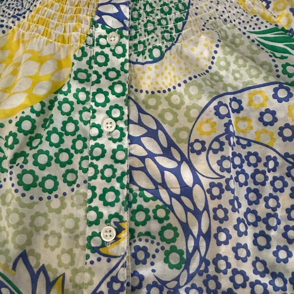 Talbots Smocked Peasant Blouse Button Up Crochet Accents Green Blue Yellow Sz S - Picture 7 of 10